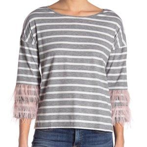 NEW Romeo + Juliet Couture Stripe Grey and Pink Feather Accent Sleeve Top Size L
